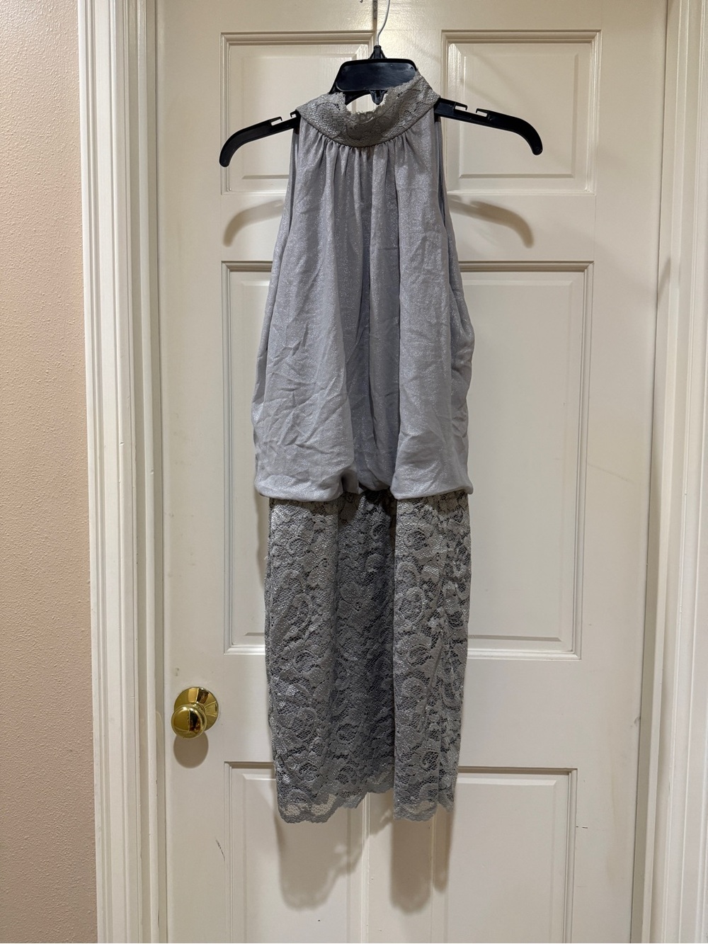 Cache Silver-Gray High Neck Lace-Trim Midi Dress